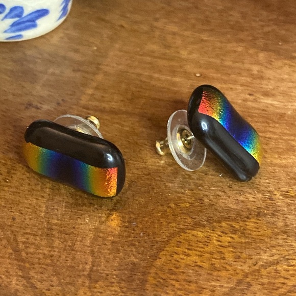 Dichroic Fused Glass Earrings Double Rainbow on Black Small Rectangle Posts - Picture 5 of 7